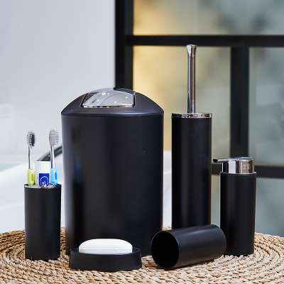 Custom plastic dispenser bottle black bathroom set toothbrush holder soap dish toilet brush set